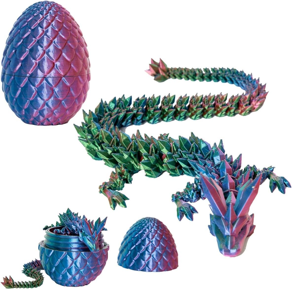 3D Printed Dragon Eggs with Dragon Inside, 12In 3 Color Dazzle Dragon Egg Fidget Toy, Executive Desk Articulated Dragon Toy, Home Office Decor