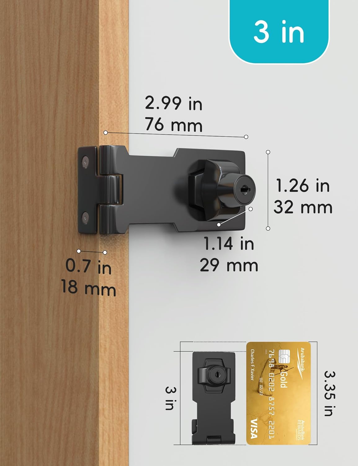 3 Inch Keyed Hasp Lock for Cabinets & Small Doors, Twist Knob Design, Heavy Duty Zinc Alloy with Chrome-Plated Iron, Includes Keys & Screws, Black