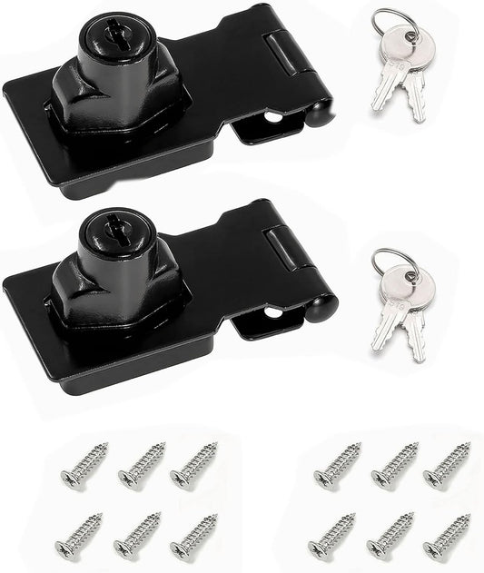 2.5 Inch Keyed Hasp Lock for Cabinets & Small Doors, Twist Knob Design, Heavy Duty Zinc Alloy with Chrome-Plated Iron, Includes Keys & Screws - Black, 2 Pack