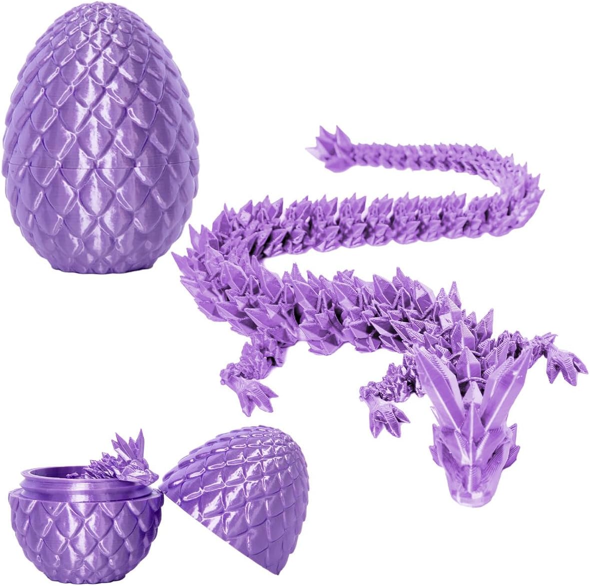3D Printed Dragon Eggs with Dragon Inside, 12In Silk Purple Dragon Egg Fidget Toy, Executive Desk Articulated Dragon Toy, Home Office Decoration