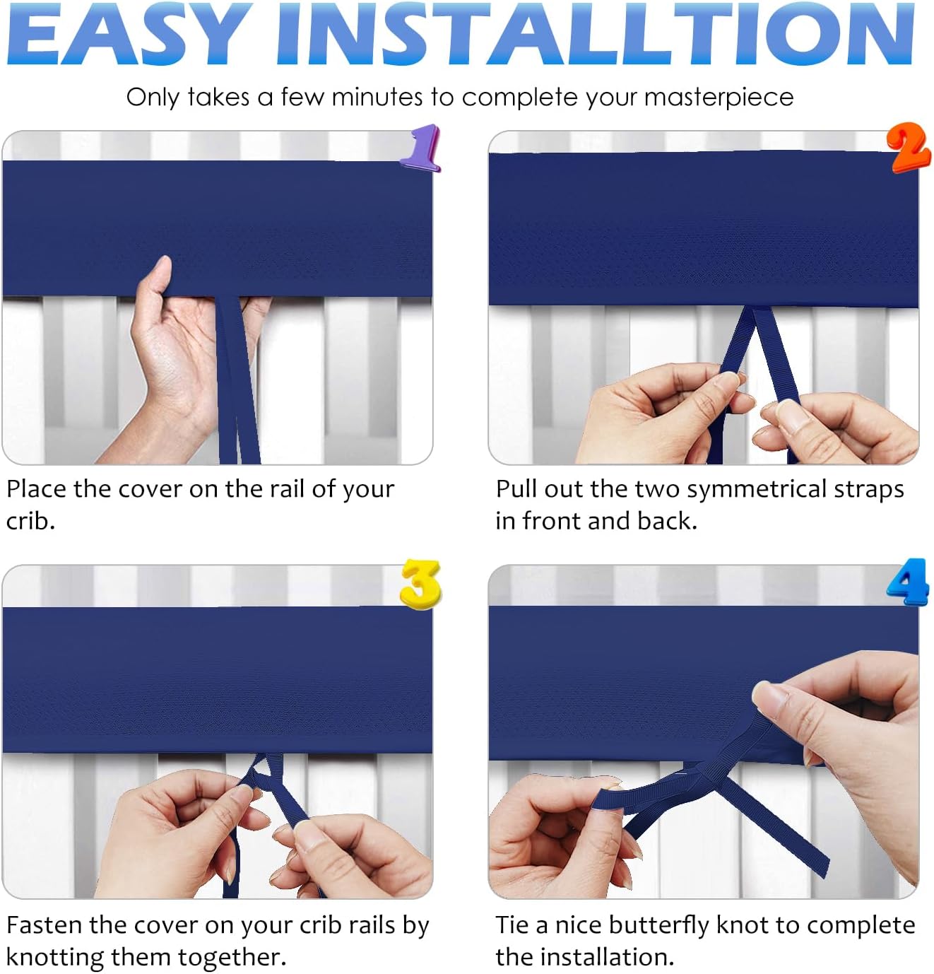 3 in 1 Crib Mesh Liner for Life Size Cribs,White Soft Anti-Collision Strip Corner Covers,Protect Baby Teeth and Save Crib Rails, Rail Edge Protector Strip (Blue)