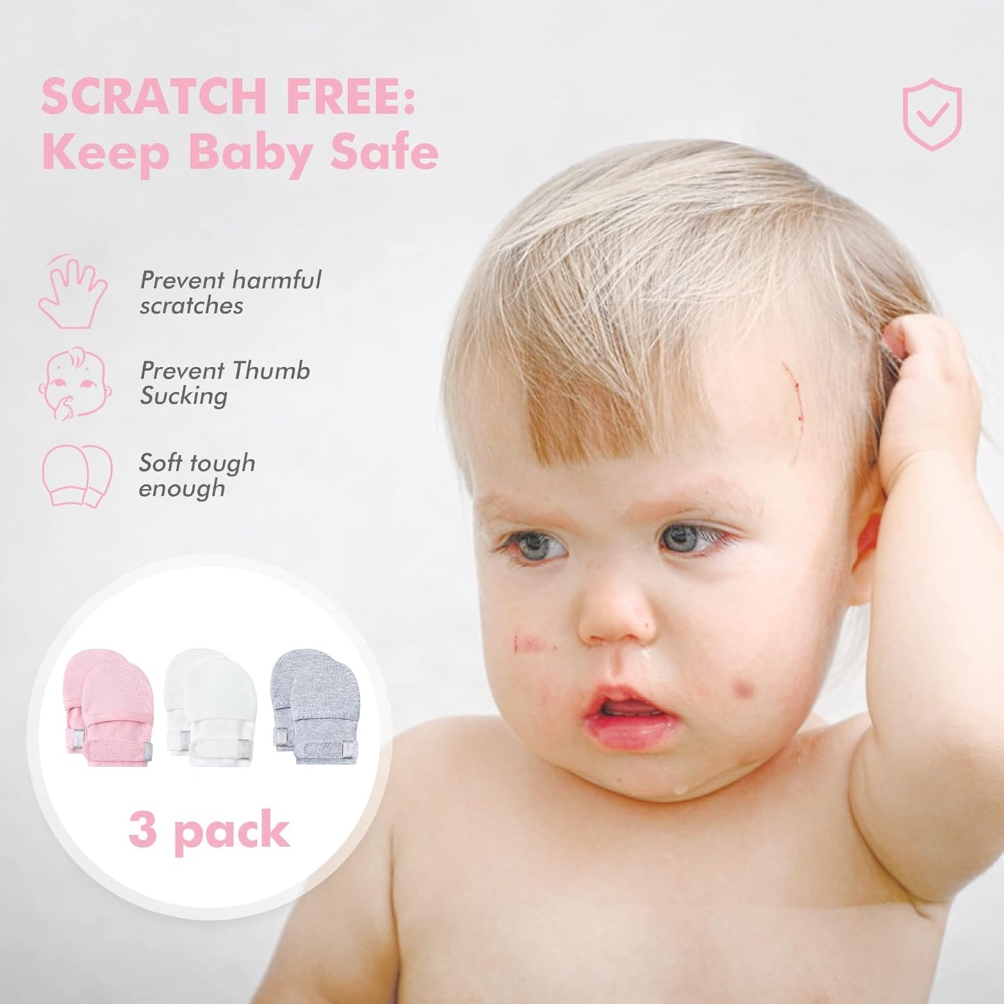 HAPIU Baby No Scratch Mittens Stay On, 100% Cotton Breathable, Adjustable Infant Gloves for Boys Girls, Newborn - 12 M