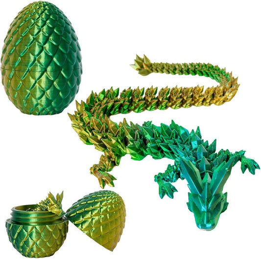 3D Printed Dragon Eggs with Dragon Inside, 12In Laser Gold Green Dragon Egg Fidget Toy, Executive Desk Articulated Dragon Toy, Home Office Decor