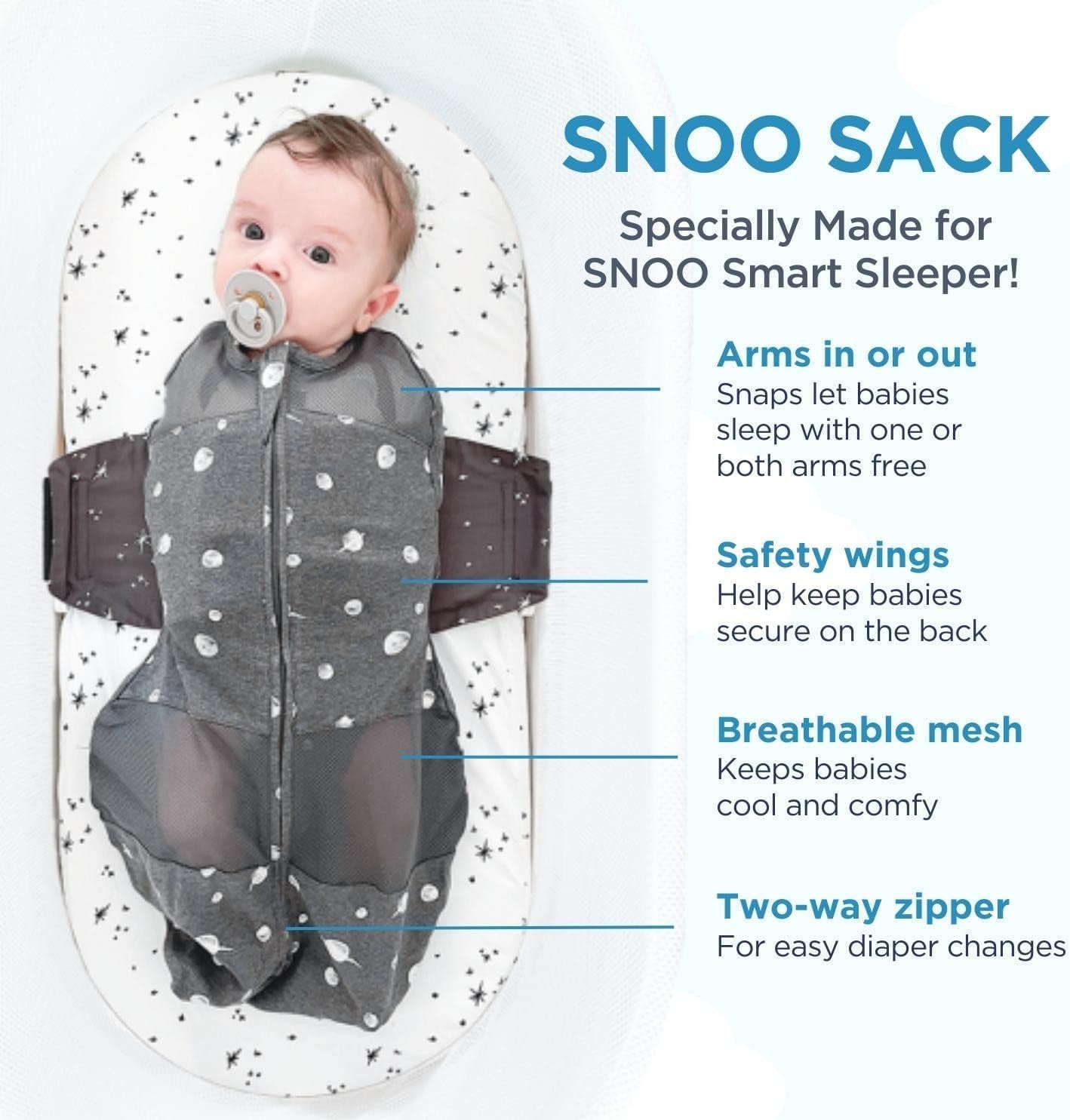 Happiest Baby SNOO Sleep Sack - 100% Organic Cotton Baby Swaddle Blanket - Doctor Designed Promotes Healthy Hip Development (Graphite Planets, X-Large)