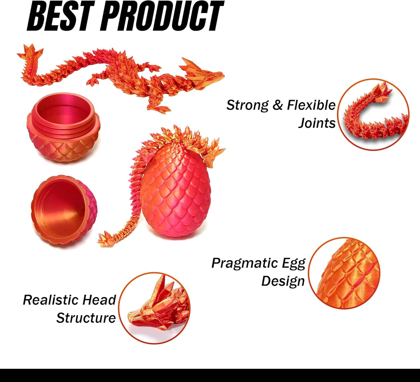 3D Printed Dragon in Egg, Full Articulated Dragon Crystal Dragon with Dragon Egg, Home Office Decor Executive Desk Toys, Adults Fidget Toys for Autism/ADHD, 12 Inches (Laser Orange)