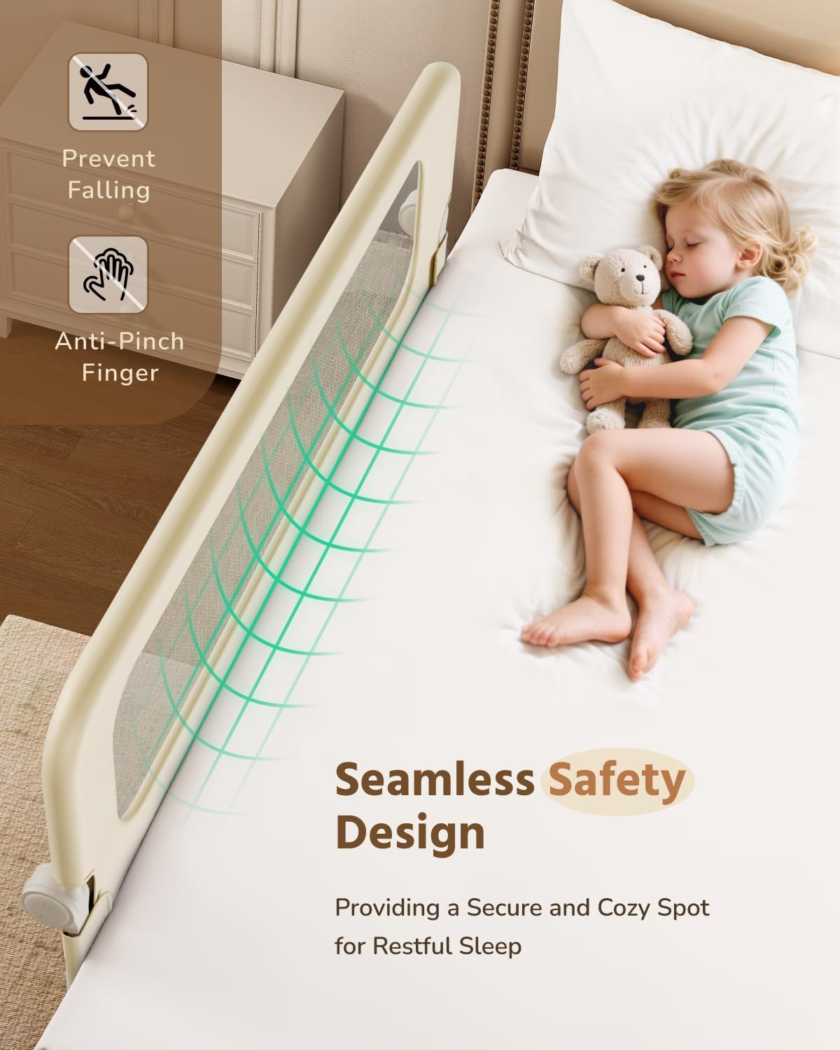 HOMEAL Toddler Bed Rails - 59"x24" Extra Long Bed Rail for Toddlers with U-Shape Base, Baby Bed Safety Guard for Twin, Full, Queen, King Mattress Bed, Beige, 1 Pack