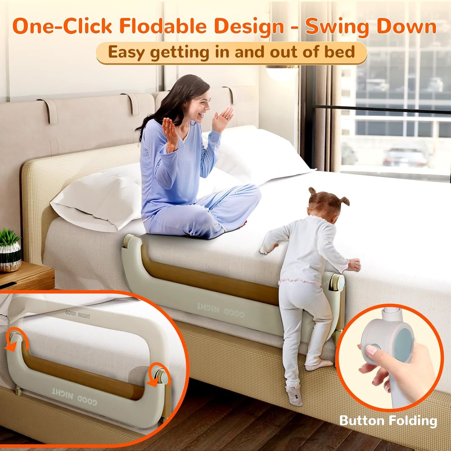 Bed Guard Rail for Toddlers - 59" Adjustable Heights & Folding up Portable Bed Railing for Baby - Toddler Bed Rails Guard for Crib, Twin, Bunk,Full Size, Queen & King Bed