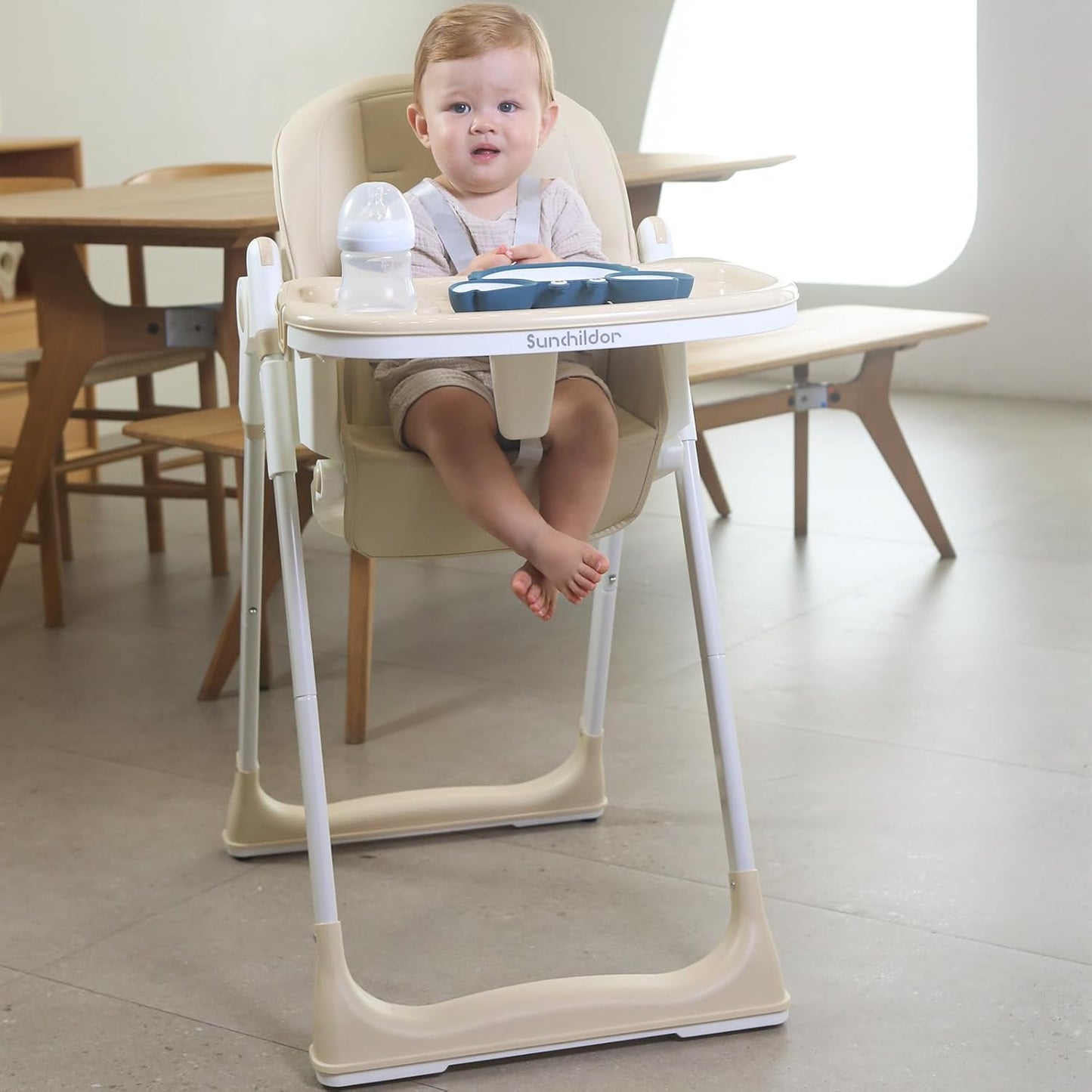 3 in 1 Baby High Chair with Wheels, Adjustable 5 Point Harness, Tray, Foot Rest, Backrest and Seat Height, Foldable High Chair for Toddlers, Beige