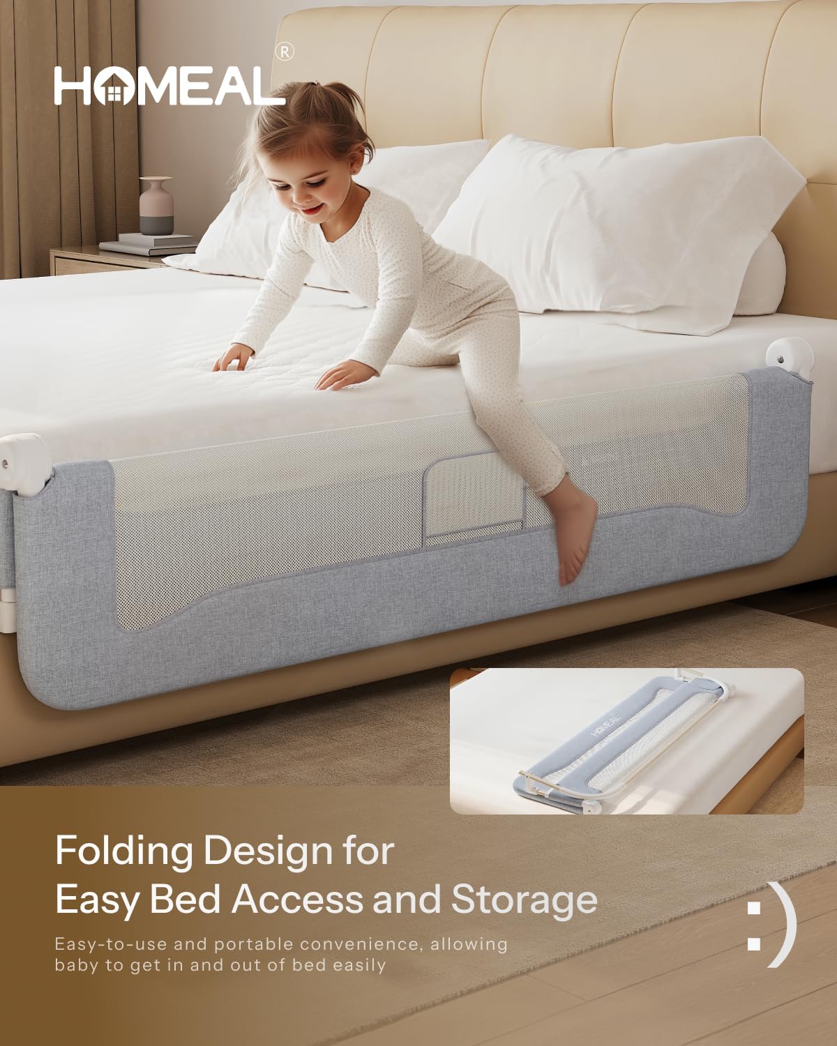 HOMEAL Bed Rail for Toddlers, 59in Foldable Toddler Bed Rails with U-Shape Base Twin Full Queen King Size Beds, Grey 1 Pack