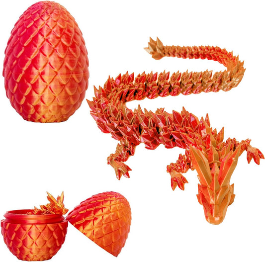 3D Printed Dragon Eggs with Dragon Inside, 12In Laser Red Golden Dragon Egg Fidget Toy, Executive Desk Articulated Dragon Toy, Home Office Decor