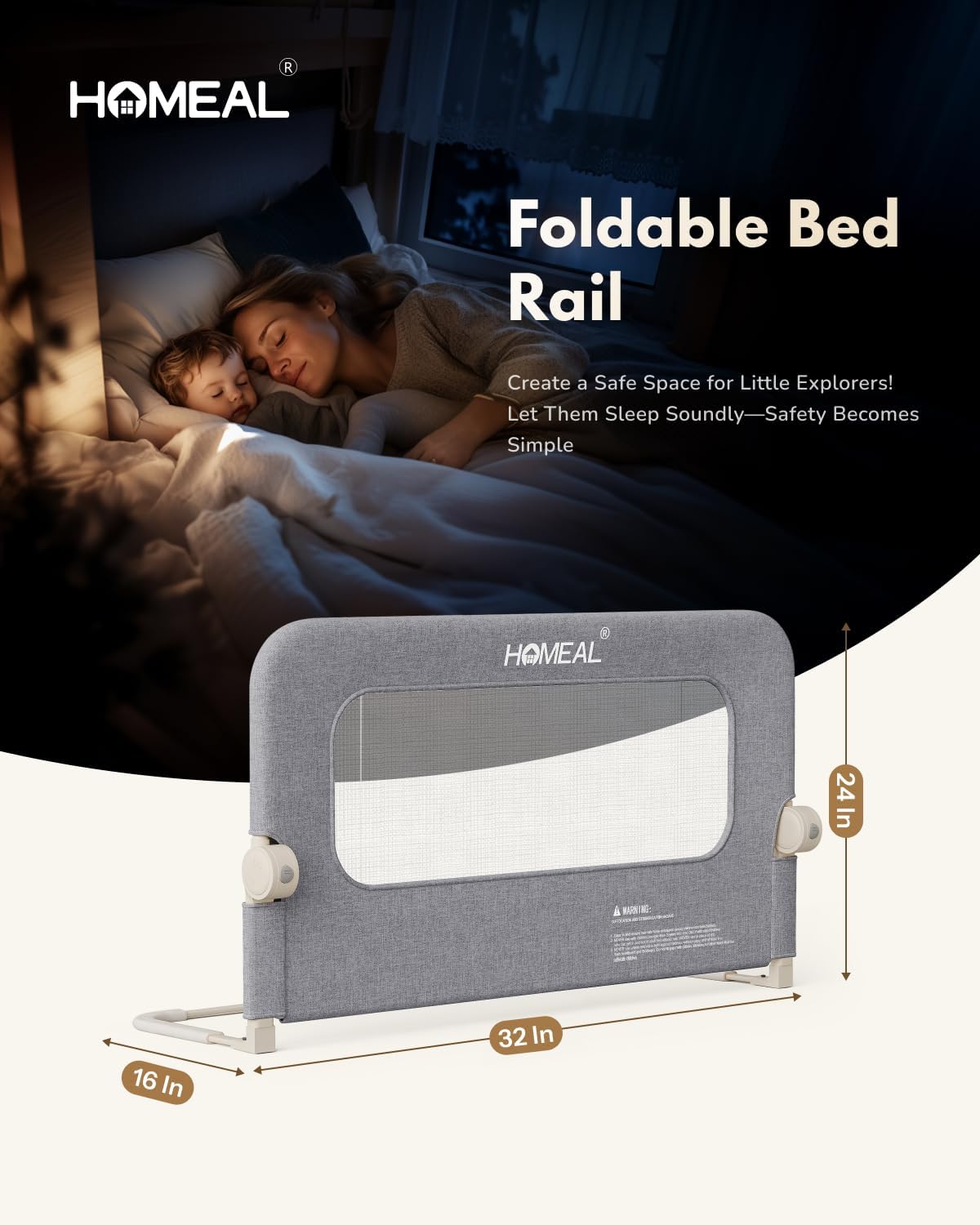 HOMEAL Bed Rail for Toddlers - 32"x24" Foldable Baby Bed Rail Guard - Breathable Bed Rail for Twin, Full, Queen, King Beds, Grey, 1 Pack