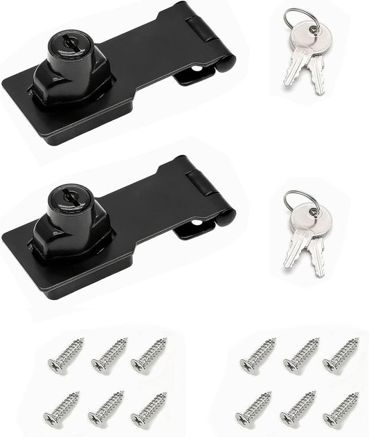 3 Inch Keyed Hasp Lock for Cabinets & Small Doors, Twist Knob Design, Heavy Duty Zinc Alloy with Chrome-Plated Iron, Includes Keys & Screws - Black, 2 Pack