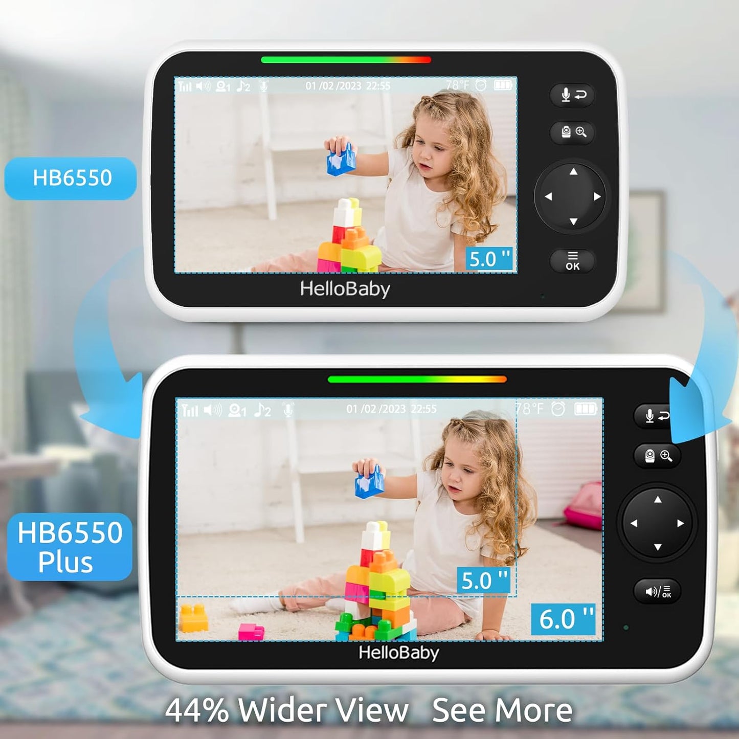 HelloBaby 6'' World First IPS 30H Battery Split-Screen Video Baby Monitor with Camera and Audio, No WiFi, Pan-Tilt-Zoom, VOX, 2-Way Talk, Night Vision, 8 Lullabies, 1000ft, for New Parents/Elderly