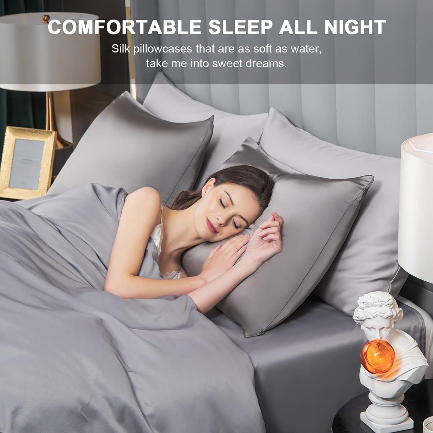 2 Pcs Mulberry Silk Pillowcase for Hair and Skin,Cooling Silk Pillow Case with Hidden Zipper,Allergen Proof Dual Sides Soft Breathable Smooth Silk Pillow Cover for Women(Queen-2PCS,Dark Gray)