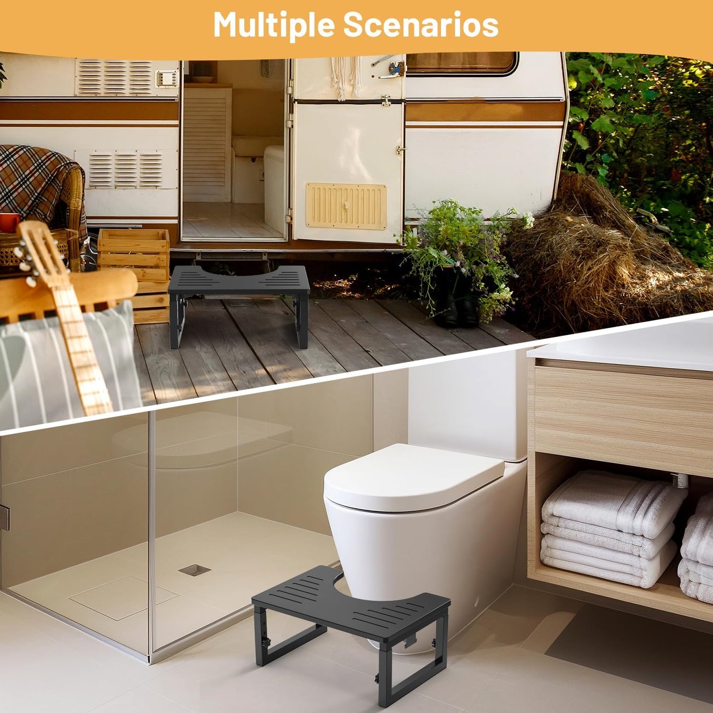 Bamboo Toilet Stool Squat Black, 7 in, 8 in & 9 in Adjustable Heights Pooping Stool for Bathroom Adults Kids, Sturdy Potty Stool with Non-Slip Layer, Improve Squatting Posture, 500 lbs Capacity