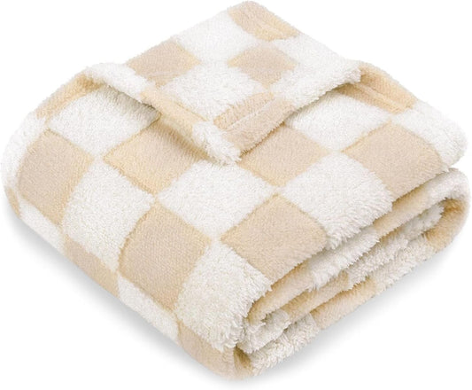 HOMRITAR Baby Blanket for Unisex Soft Cozy Reversible Checkerboard Toddler Blankets, Fluffy Fuzzy Plush Lightweight Bed Blanket with Chessboard Grid Design 350GSM Khaki 30 x 40 Inch
