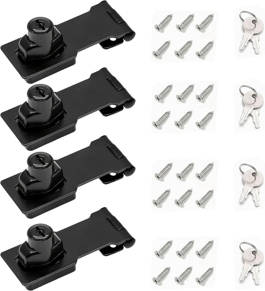 3 Inch Keyed Hasp Lock for Cabinets & Small Doors, Twist Knob Design, Heavy Duty Zinc Alloy with Chrome-Plated Iron, Includes Keys & Screws - Black, 4 Pack