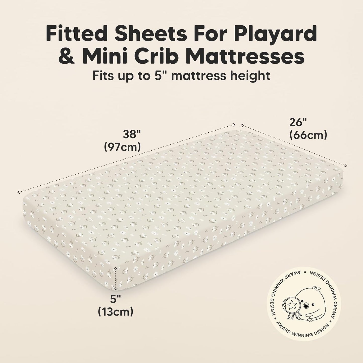 2-Pack Mini Crib Sheets Fitted - 38x26 Pack N Play Sheets for Pack and Play Mattress, Organic Cotton, Soft & Breathable Playard Bedding, Neutral Mini Toddler Bed Cover for Boys, Girls (Daisies)
