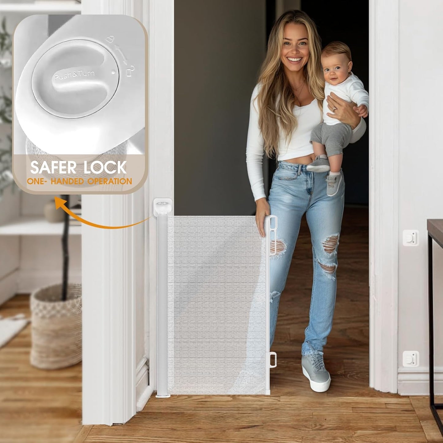 HOMEAL 120inch Retractable Baby Gate Extra Wide, Large Openings Safety Baby Gate, Long Retractable Mesh Dog Gate for Stairs, Doorways, Hallways, Indoor, Outdoor(White, Width Up to 120")