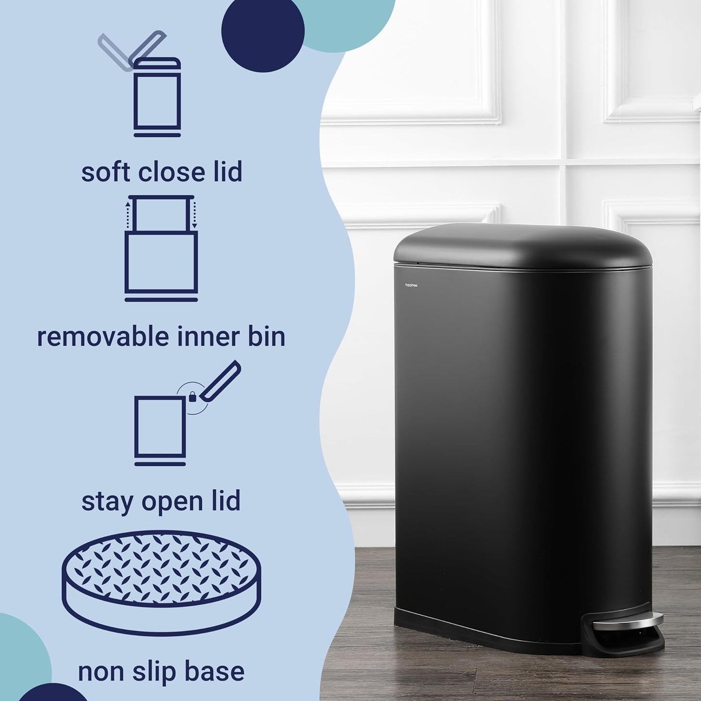 happimess HPM1009B Roland Mini 2.6-Gallon Step-Open Trash Can with Soft-Close Lid, Modern, Minimalistic, Fingerprint Proof for Home, Kitchen, Laundry Room, Office, Bedroom, Bathroom, Black