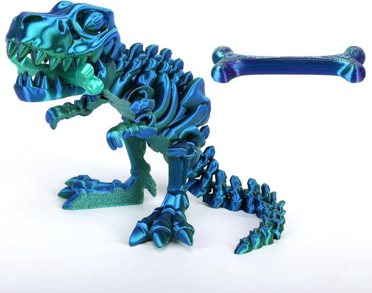 3D Printed Dinosaur Bone Skeleton Tyrannosaurus Rex with Movable Jaw Fidget Dinosaur Toys Full Articulated Dinosaur Executive Desk Toys Home Office Decor, Blue Mix Green