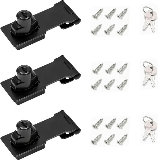 3 Inch Keyed Hasp Lock for Cabinets & Small Doors, Twist Knob Design, Heavy Duty Zinc Alloy with Chrome-Plated Iron, Includes Keys & Screws - Black, 3 Pack