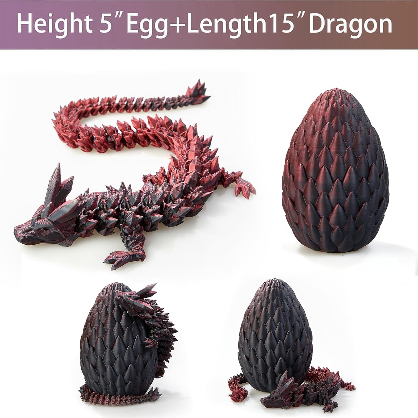 3D Printed Dragon Egg, 15 inchs Black Dragon Toy,Articulated Crystal Dragon,Glow in Dark Fidget.Cool