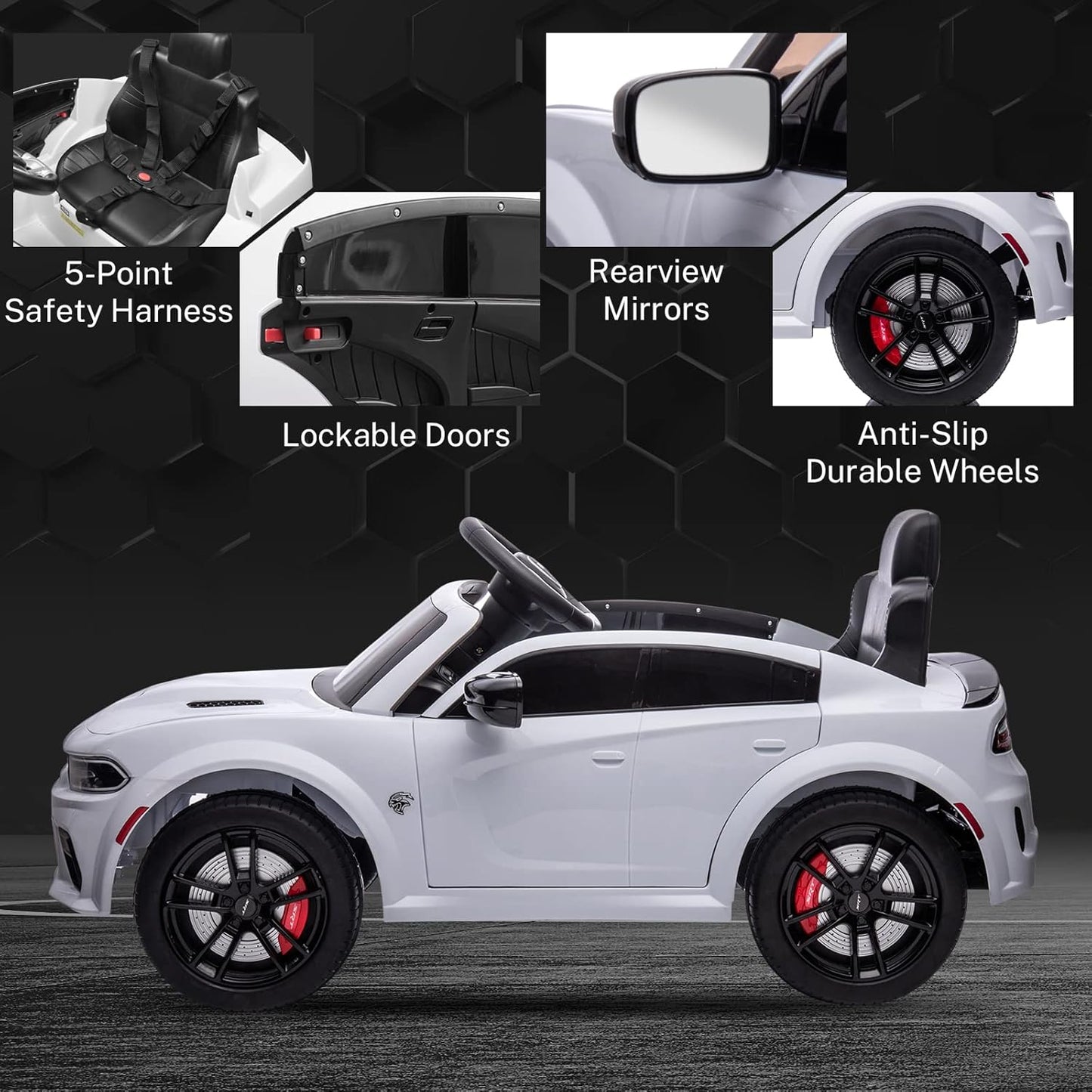 12V 7Ah Kids Electric Ride on Car, Licensed Dodge Charger SRT Hellcat, Battery Powered 4-Wheels Toy Car Electric Vehicle for Kids with Remote Control, 3 Speeds, LED Lights, Music (White)