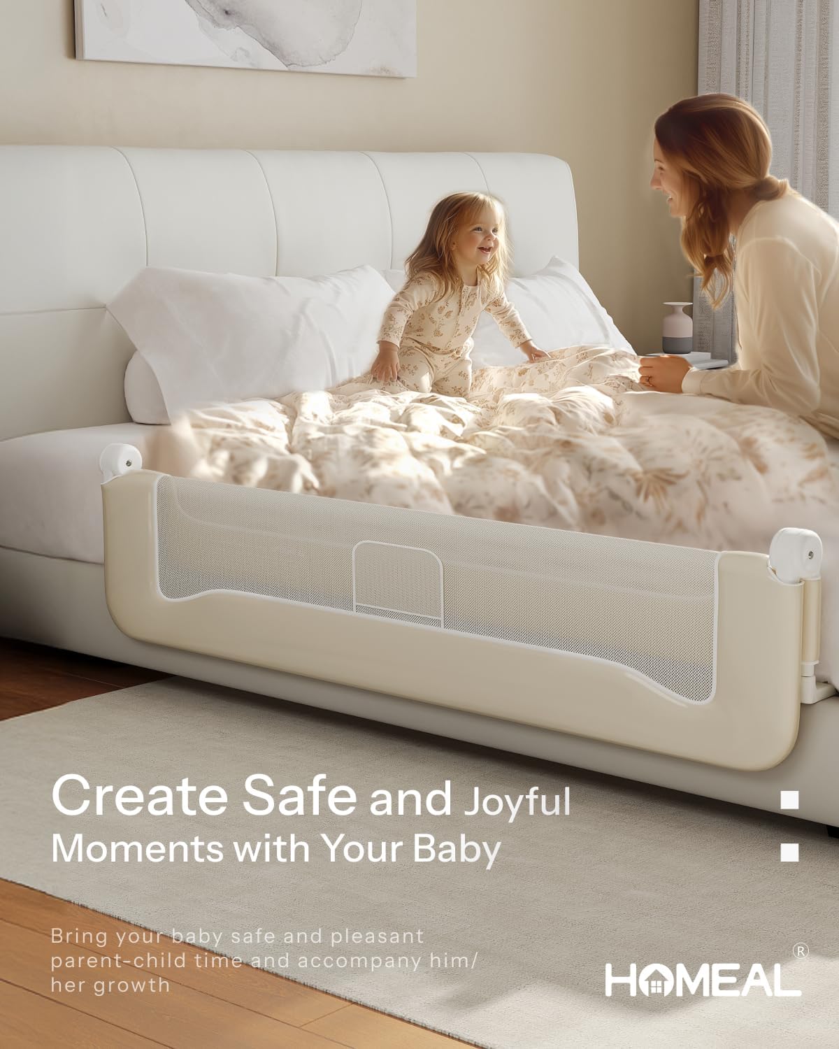 HOMEAL Bed Rail for Toddlers, 47in Foldable Toddler Bed Rails with U-Shape Base, Baby Bed Rail Guard for Twin Size, Full Size, Queen Size, King Size Beds, Bed Guard Rail for Toddlers, Beige
