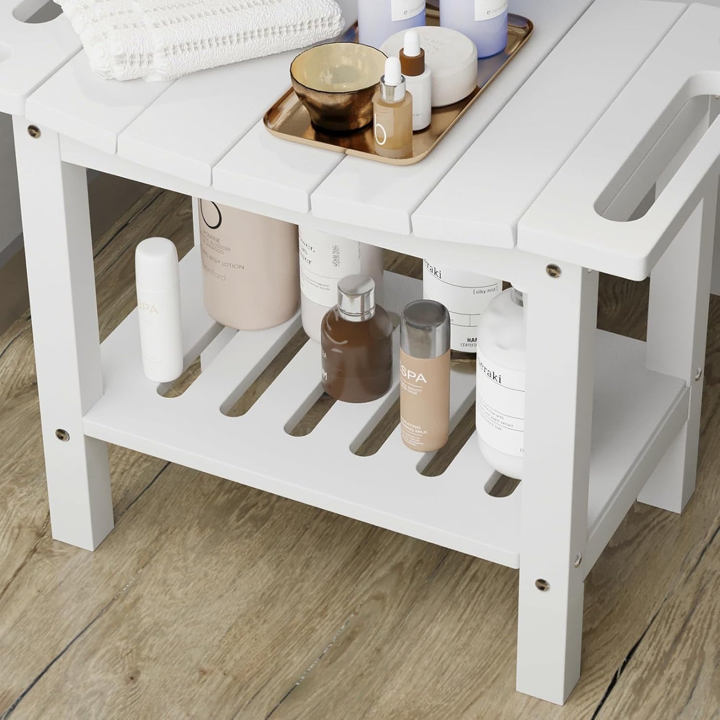 HDPE Shower Bench Stool for Inside Shower, Non-Slip Shower Stool for Shaving Legs with Storage Shelf, Waterproof Shower Chair Spa Bath Seat for Indoor & Outdoor Use (White)