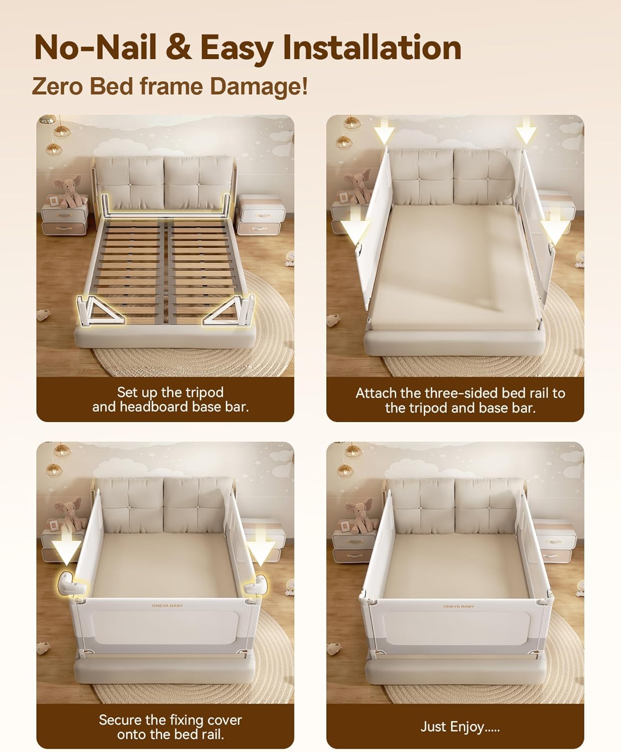 3 Piece Bed Rails for Queen Bed, No-Drill Needed Baby Bed Rail Guard for Toddlers with Height Adjustable, Thickened Child Safety Side Railing Guards/Bedrail for Kids, White/Grey, 60x78.7x78.7in