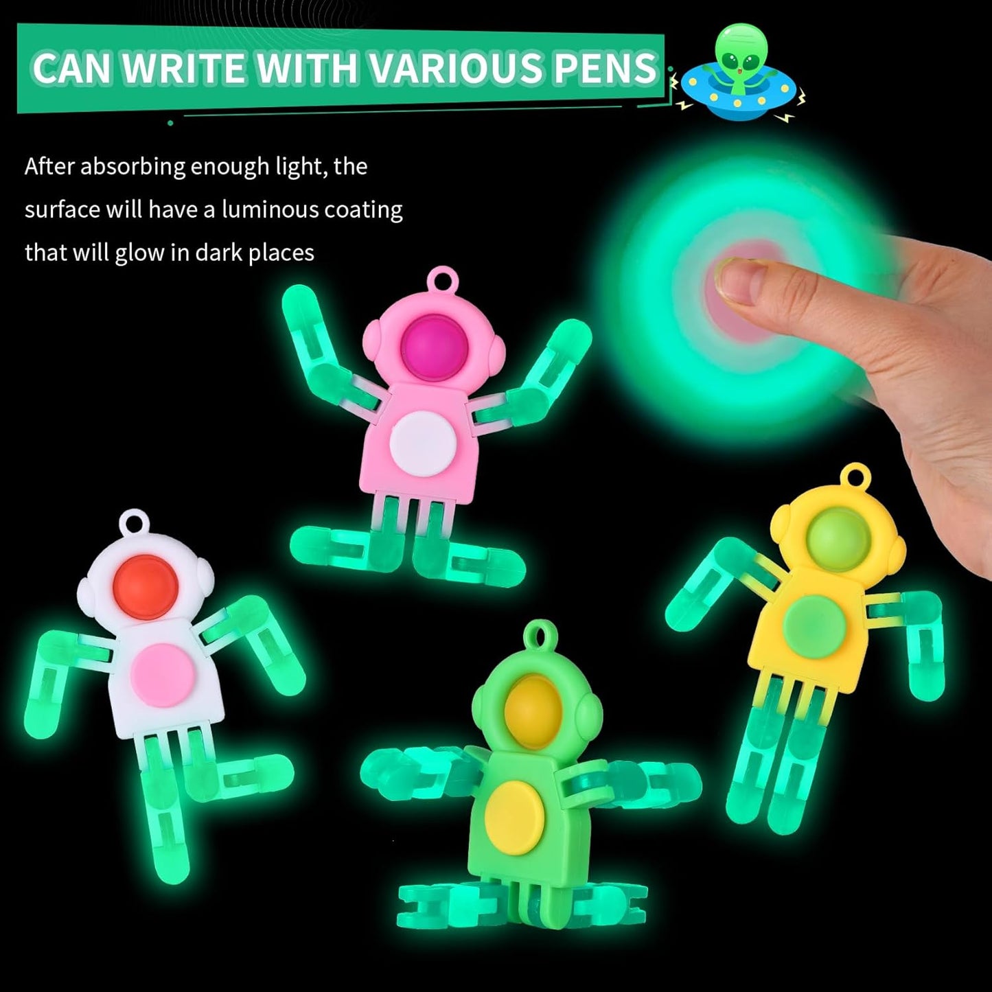 24Pcs Pop Fidget Spinners Bulk - DIY Deformable Astronaut Fingertip Toys with Cards Keychain Fidget Spinners Glow in The Dark Party Favors Sensory Toys Bulk for Kids Adults Classroom Prizes