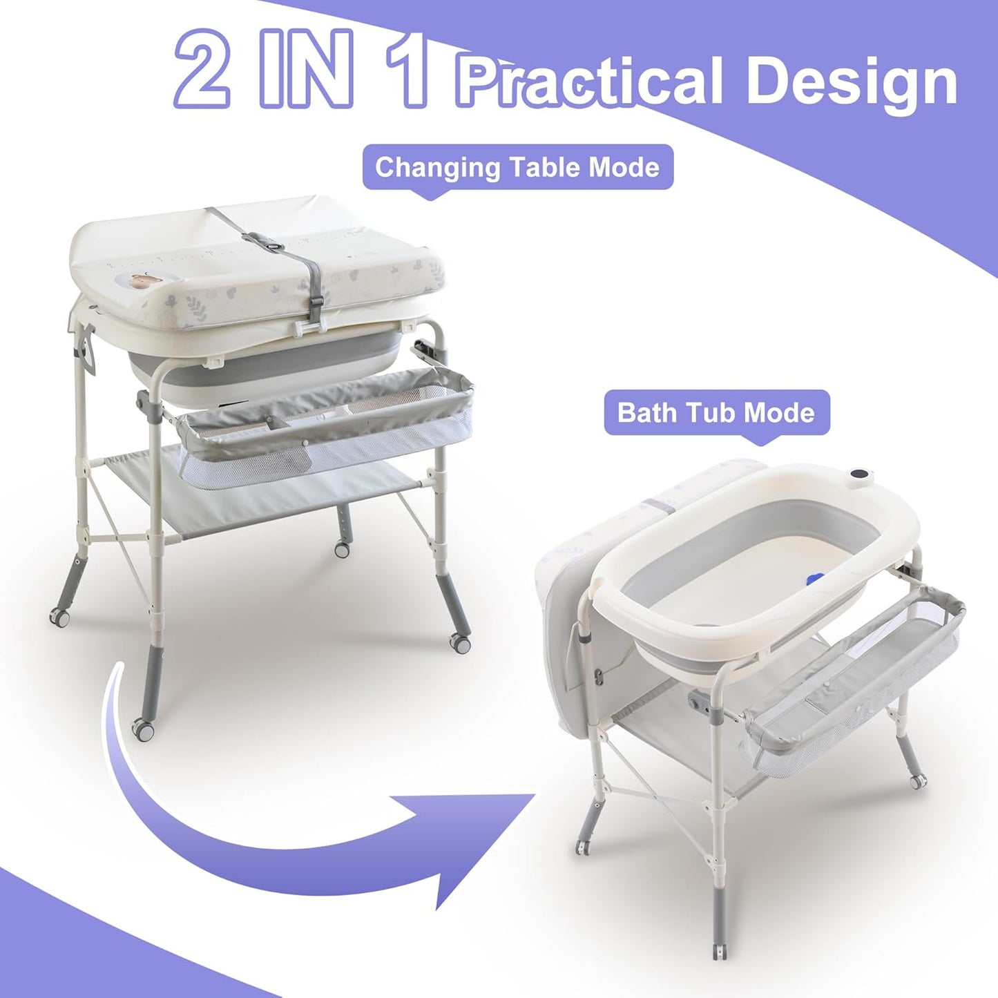 2-in-1 Baby Bathtub with Changing Table, Foldable Diaper Changing Station with 4 Wheels, Waterproof Pad, Storage Rack and Baby Bath Tub, Adjustable Height Portable Nursery Organizer for Newborn Infant