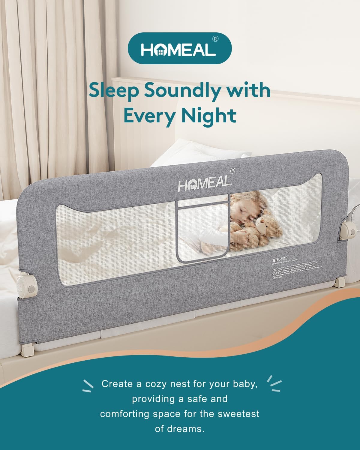 HOMEAL Bed Rail for Toddlers, 32in Foldable Baby Bed Rail Guard, Toddler Bed Rails with U-Shape Base, Breathable Mesh Bed Rail for Twin, Full, Queen, King Beds, Bed Rail for Baby, Grey