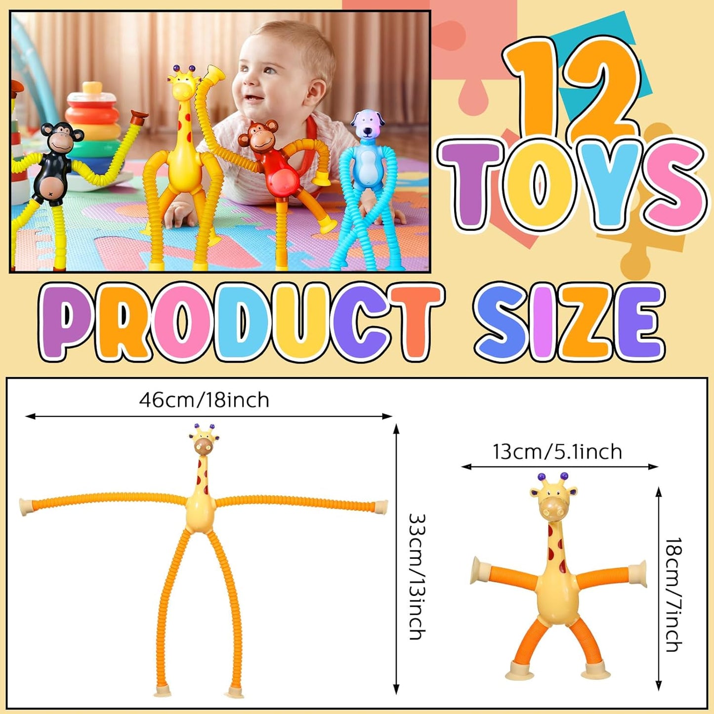 12 Pack Telescopic Suction Cup Toys, Monkey Dog and Giraffe Sensory Toys Fidget Toys Fun Stocking Stuffers for Teens (Luminous)