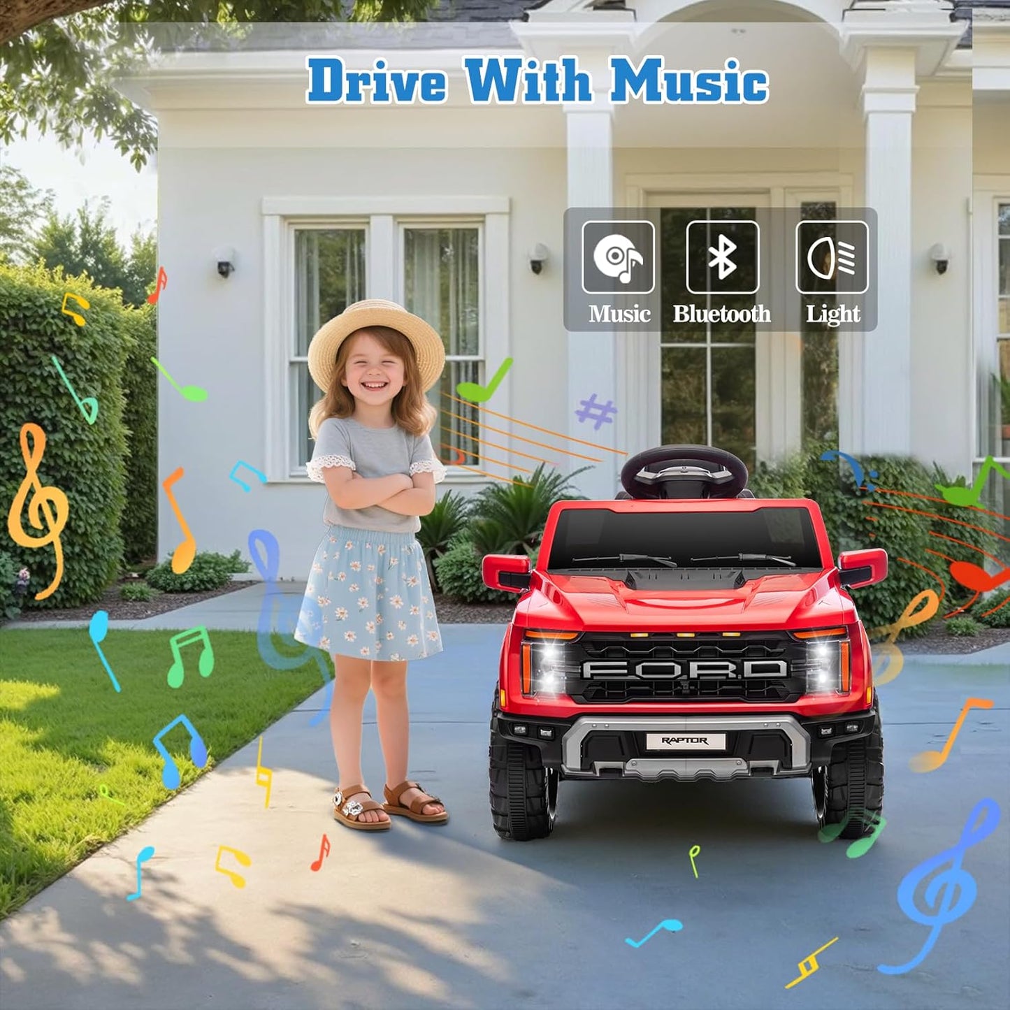 12V Ride on Car Licensed Ford F-150 Raptor, Kids Electric Car with Remote Control, LED Light/Music/MP3, Truck Bed Storage, 3-Point Seat Belt (12V, Red)