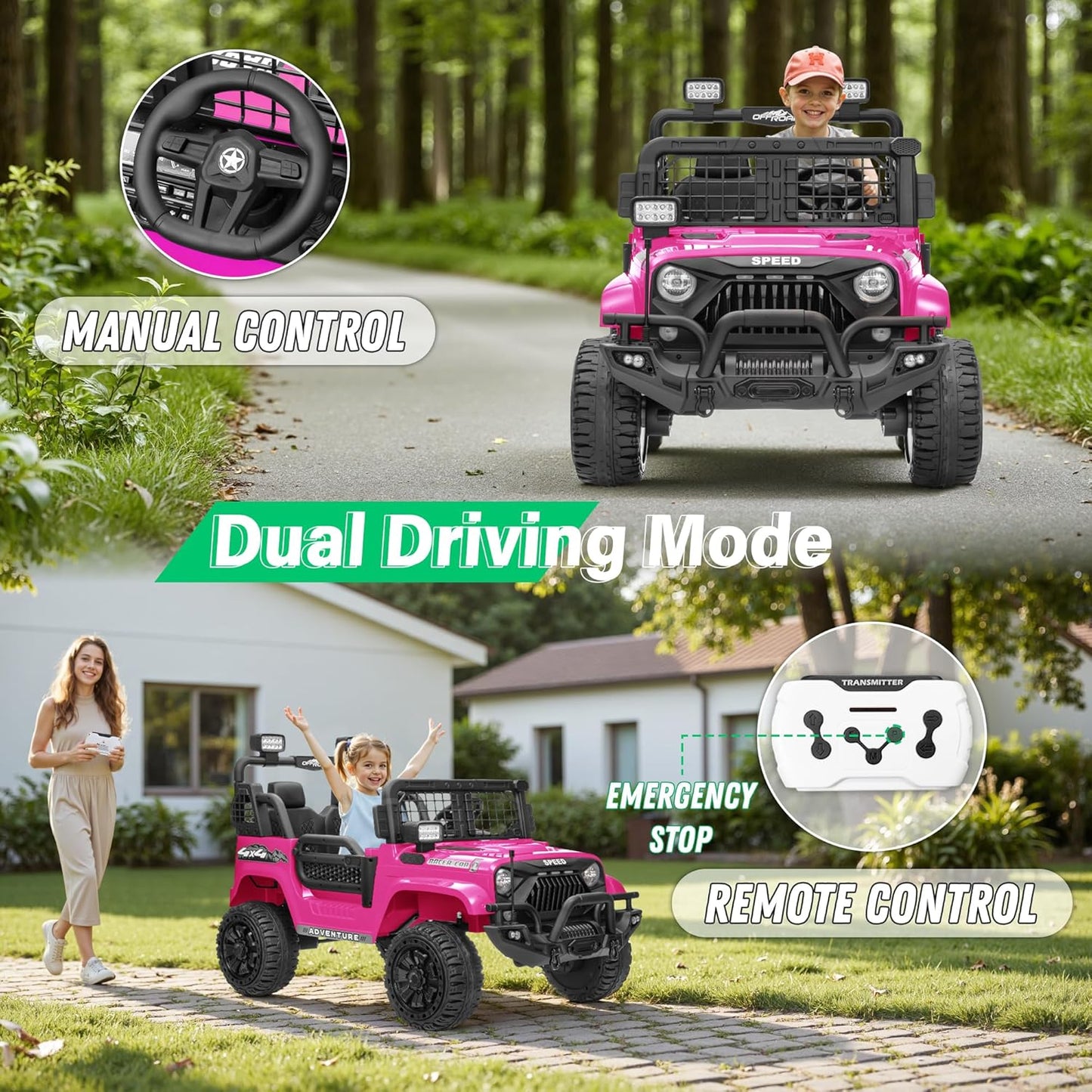 2 Seater Ride On Car Truck with Remote Control XL, Kids 24V Battery Powered Electric Vihicle w/21 in Seat, 3 Speeds, 2WD/4WD Switichable, Shock Absorbers,Bluetooth, Flower, Gift Choice