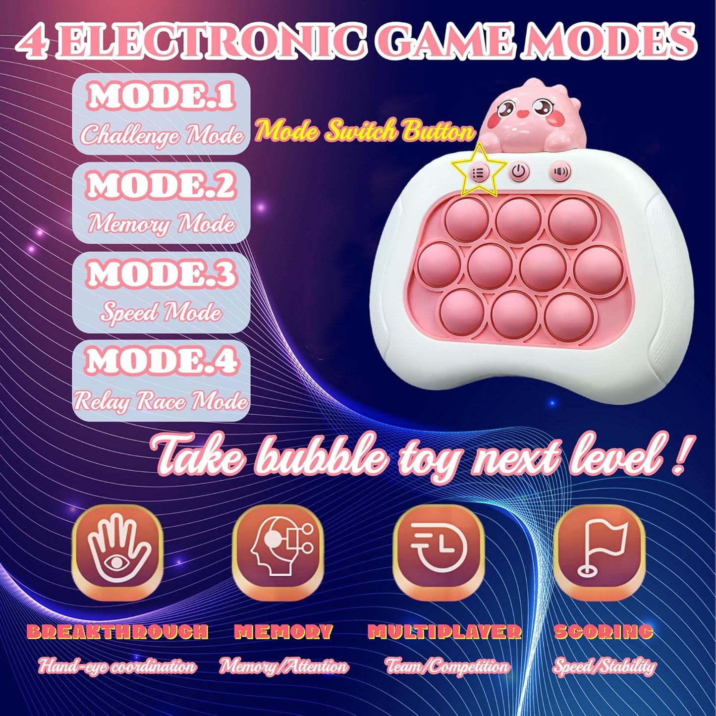 2024 New Speed Push Handheld Game Machine 2Pc-Fidget Console,Music Whack A Mole Stress Relief Fidget Toys,Squeeze Poppet Sensory Push Pop Bubble Toy,Quick Push Light Up Pop Game for Adults/Kids (TKR)