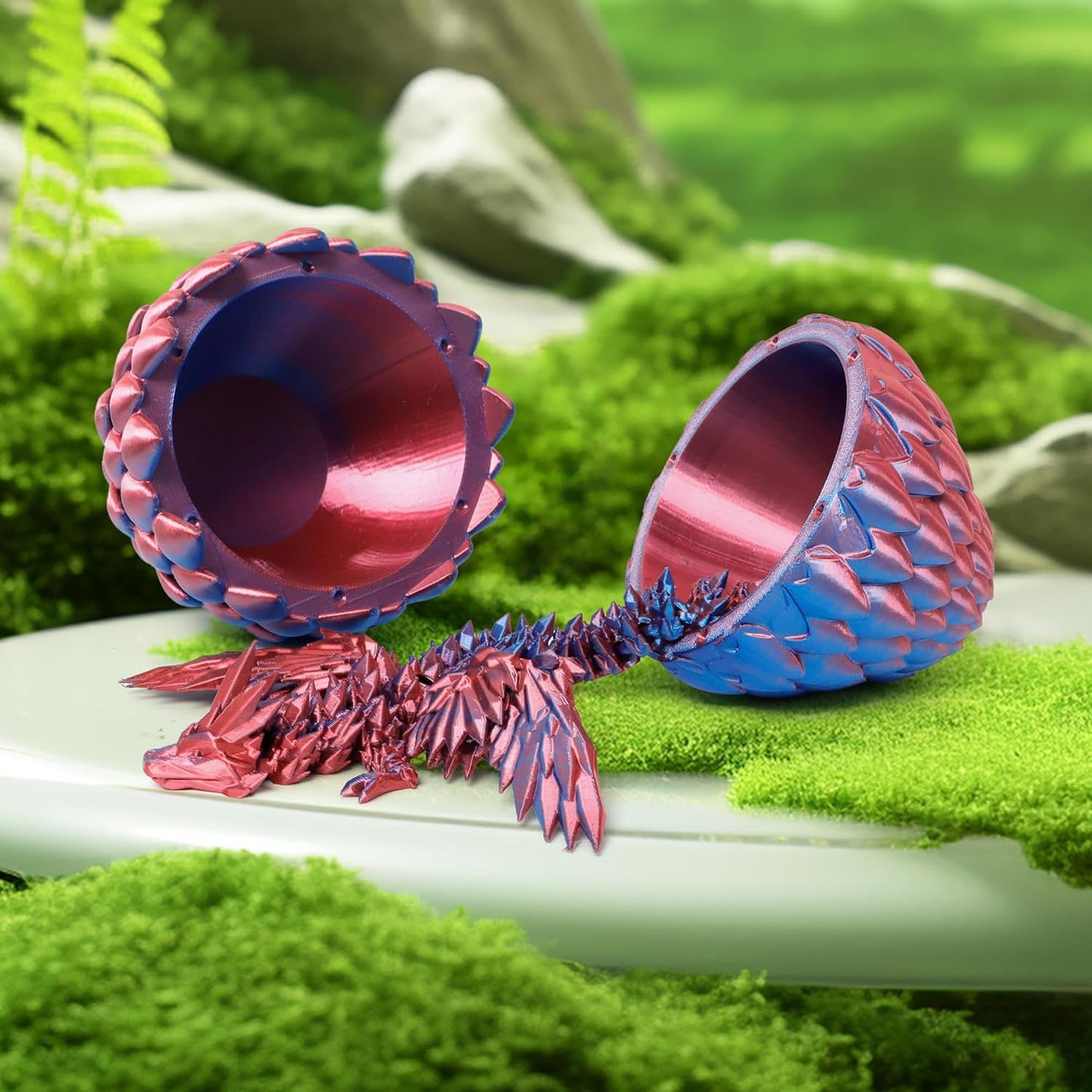 3D Printed Dragon Egg, Flying Articulated Dragon in Eggs, Flexible Joints Home Decor Executive Desk Figurine (Red Mix Blue)