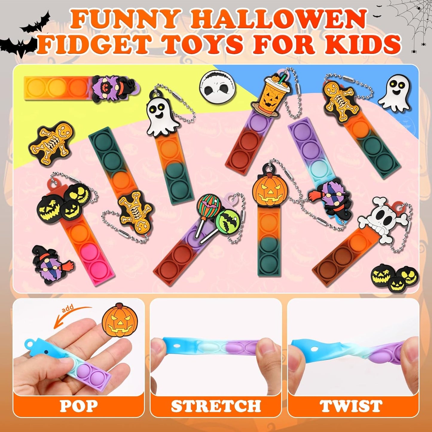 24pcs Halloween Mini Pop Fidget Toys Bulk Halloween Party Favors for Kids Pop Keychain Sensory Toys Bag Fillers Pop Toddler Birthday Carnival Treasure Classroom Prizes Stress Reliever Desk Toys