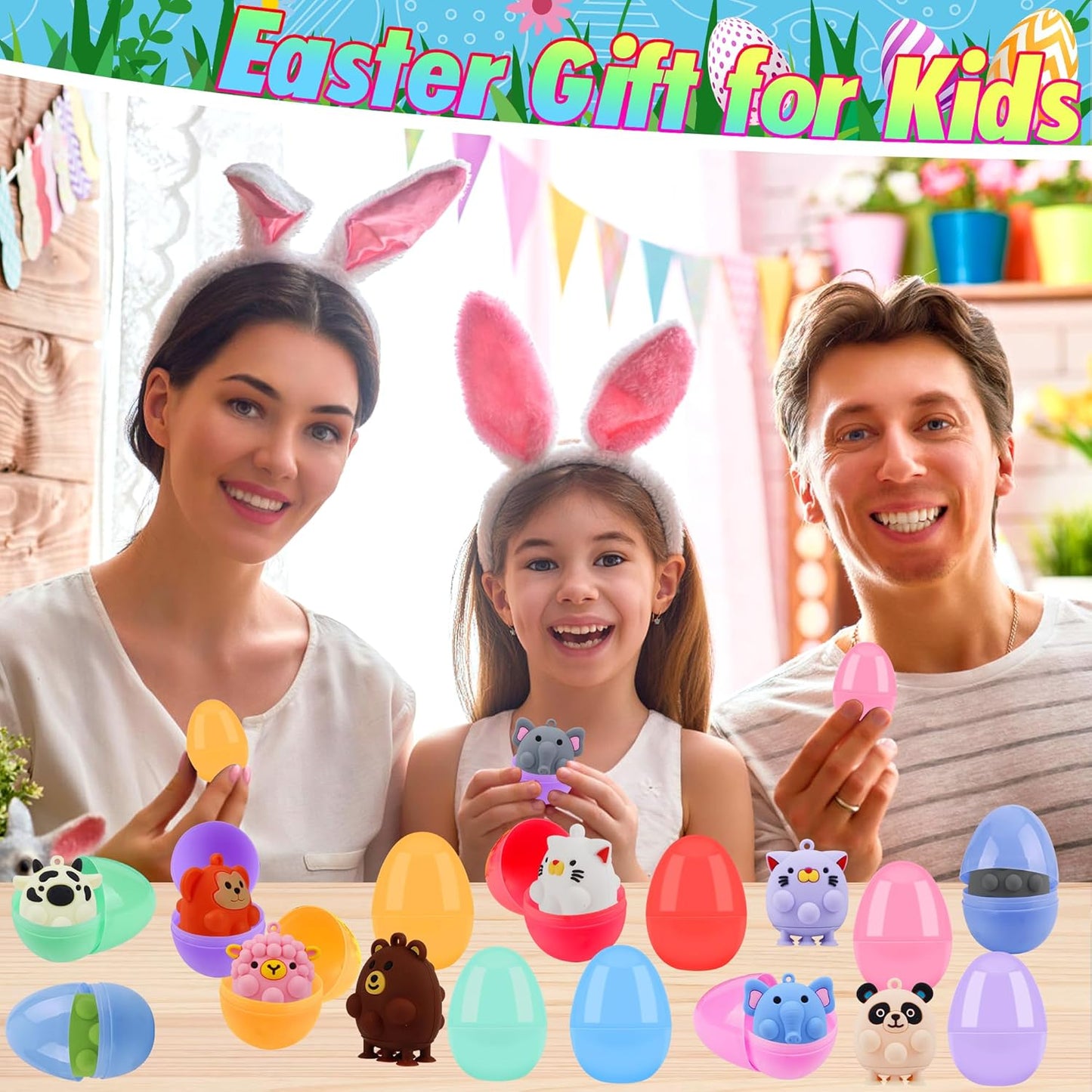 24 Pack Prefilled Easter Eggs with Animal Pop Toys, Filled Easter Eggs for Egg Hunt, Easter Basket Stuffers for Kids,Easter Party Favors Prizes, Prefilled Easter Eggs with Toys