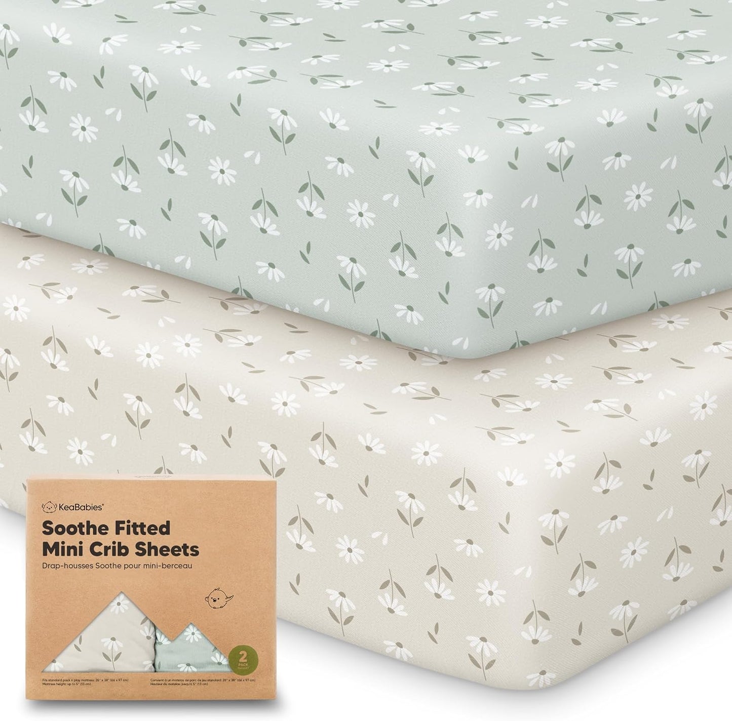 2-Pack Mini Crib Sheets Fitted - 38x26 Pack N Play Sheets for Pack and Play Mattress, Organic Cotton, Soft & Breathable Playard Bedding, Neutral Mini Toddler Bed Cover for Boys, Girls (Daisies)