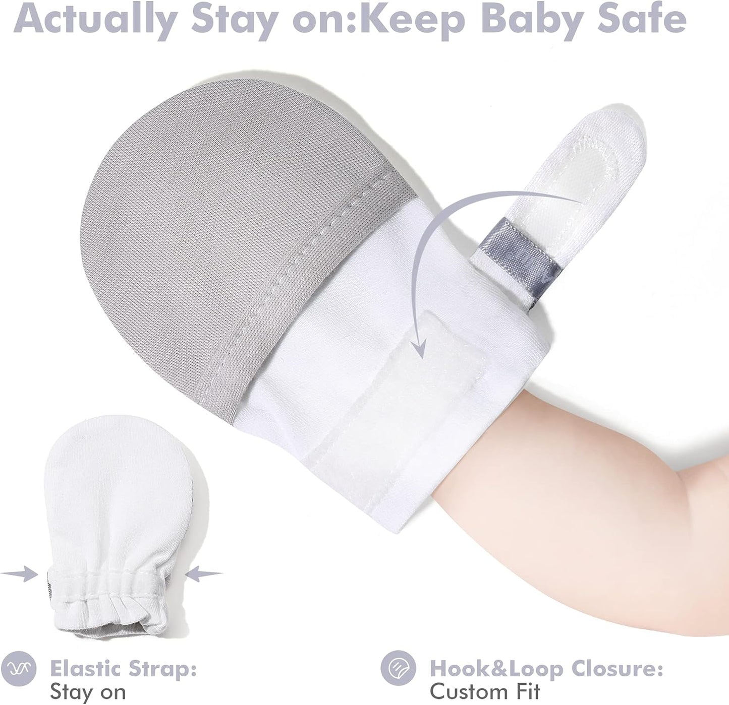 HAPIU Baby No Scratch Mittens Stay On, 100% Cotton Breathable, Adjustable Infant Gloves for Boys Girls, Newborn - 12 M