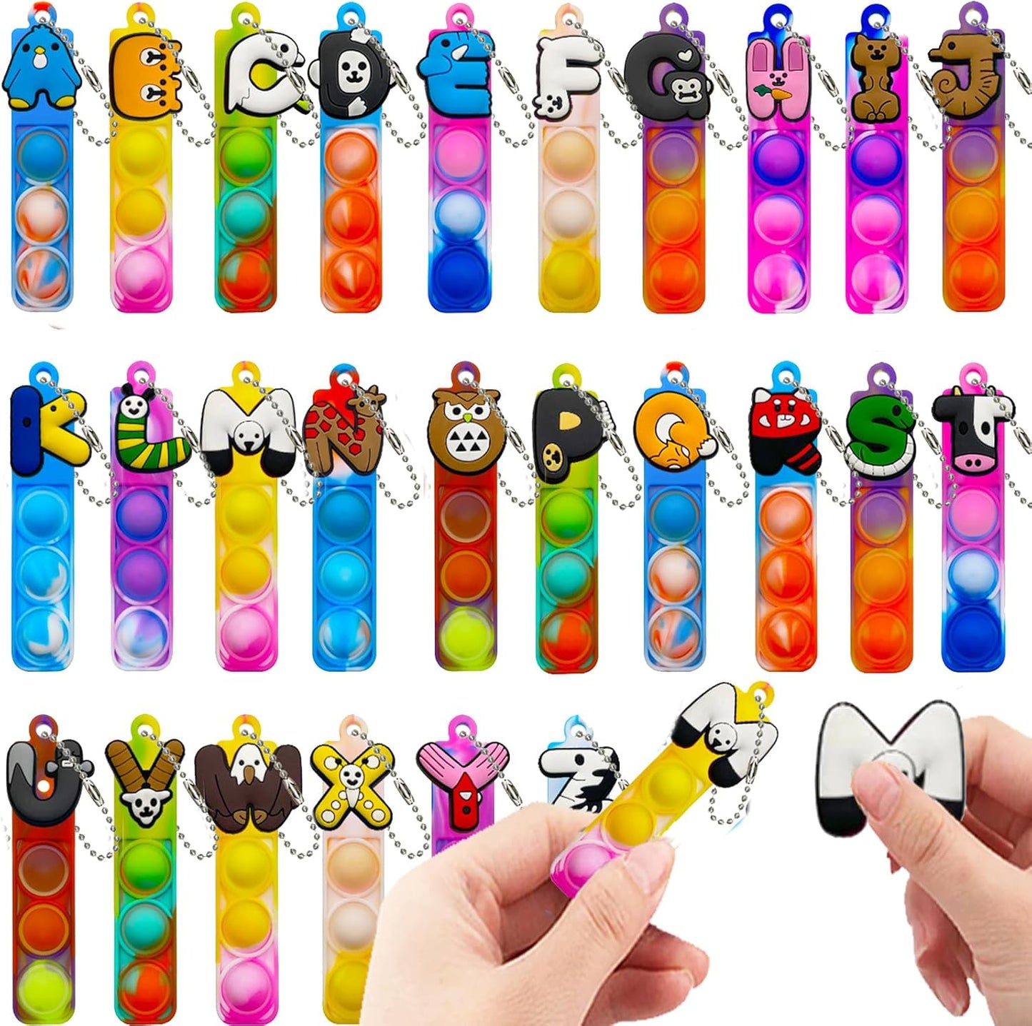 26 Pcs Mini Keychain Pop Fidget Toys for Kids, Birthday Party Favors for 3-5, 4-8, 8-12, Bulk Sensory Toys for Classroom Prizes, Party Supplies for Pinata Stuffers, Carnival Prizes (Letter)