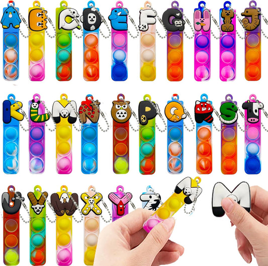 26 Pcs Mini Keychain Pop Fidget Toys for Kids, Birthday Party Favors for 3-5, 4-8, 8-12, Bulk Sensory Toys for Classroom Prizes, Party Supplies for Pinata Stuffers, Carnival Prizes (Letter)