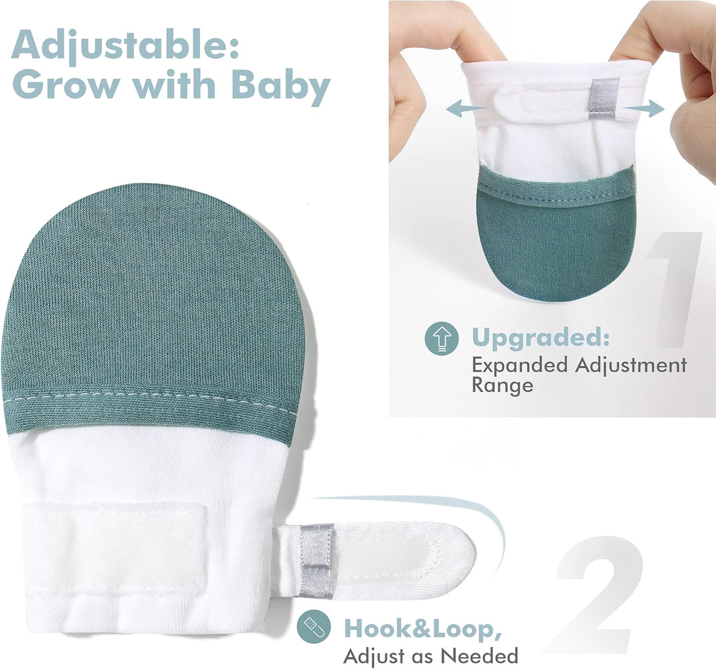 HAPIU Baby No Scratch Mittens Stay On, 100% Cotton Breathable, Adjustable Infant Gloves for Boys Girls, Newborn - 12 M