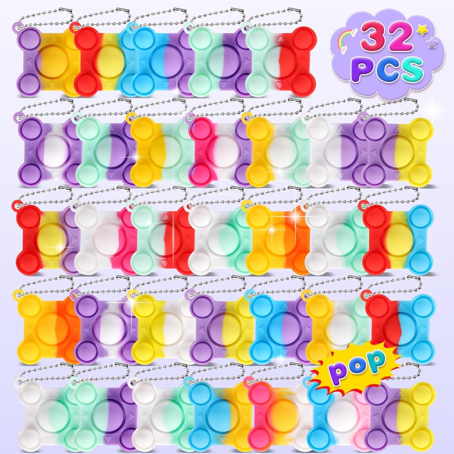 32 PCS New Mini Big Pop Fidget Toys Pack Party Favors, Silicone Squeeze Pop Bubble Fidget Bulk Sensory Toys, Pop Keychain Bubble Toy Party Bag Fillers for Kids, Wrap Pop Toy