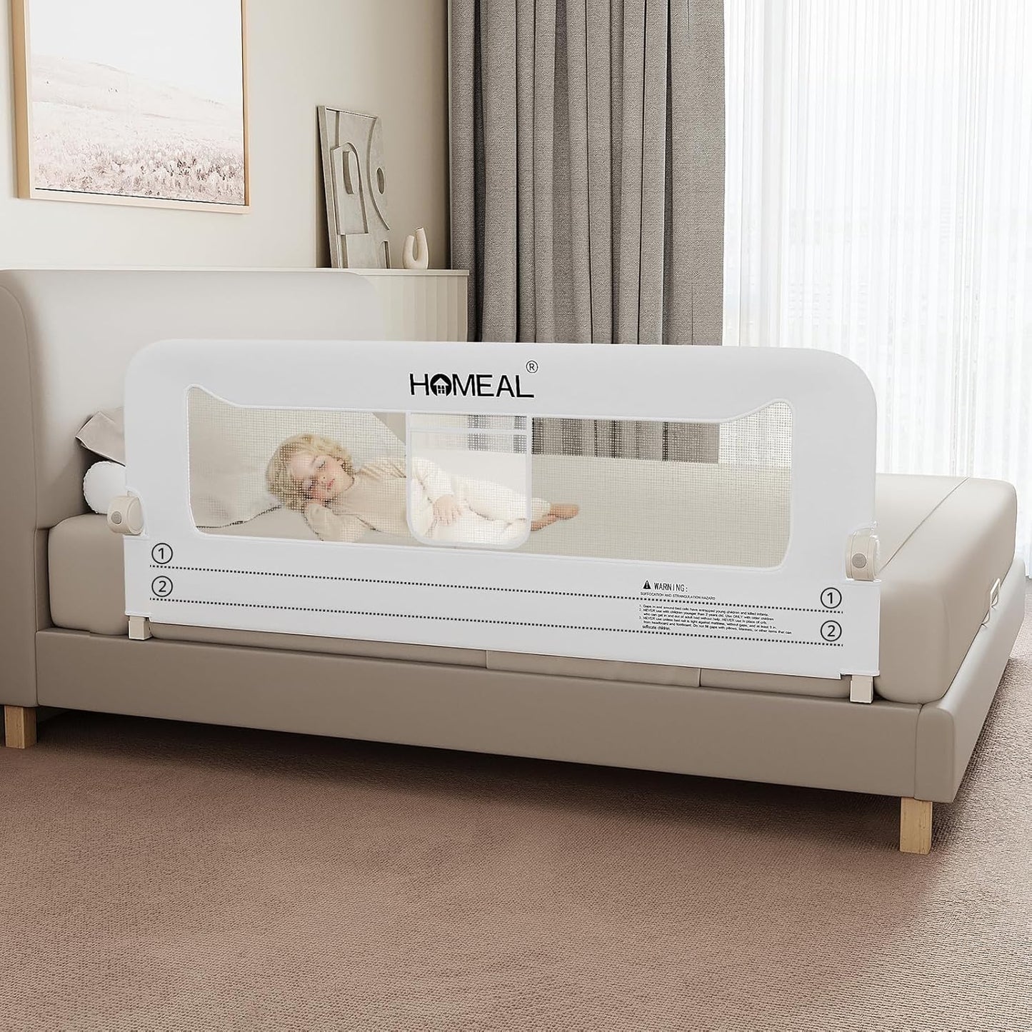 HOMEAL 59in Foldable Toddler Bed Rails, Bed Rail for Toddlers with U-Shape Base, Baby Bed Rail Guard for Twin, Full, Queen, King Beds, Bed Rail for Baby, White