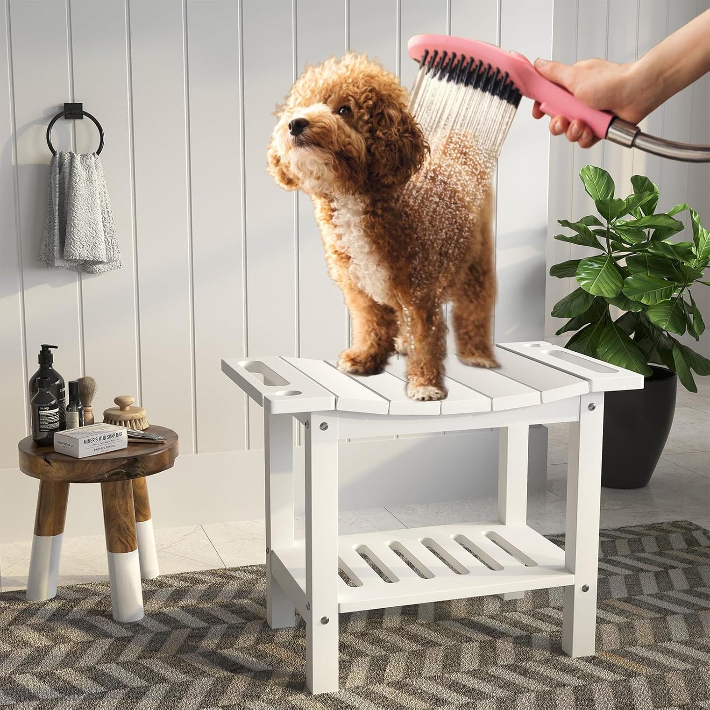 HDPE Shower Bench Stool for Inside Shower, Non-Slip Shower Stool for Shaving Legs with Storage Shelf, Waterproof Shower Chair Spa Bath Seat for Indoor & Outdoor Use (White)