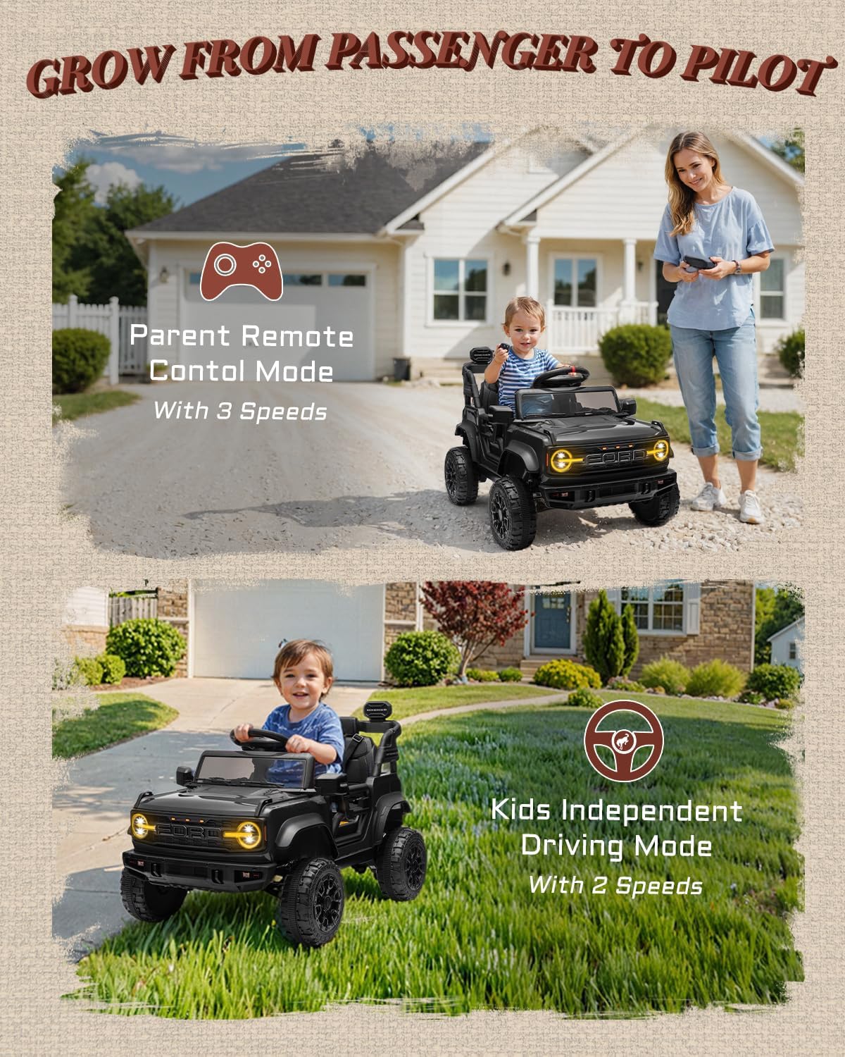 12V Ride on Toys for Kids, Licensed Ford Bronco Raptor Children Electric Vehicles, Toddler Battery Powered Car with Double Doors, 3 Point Safety Belt, Led Lights (12V, Black)